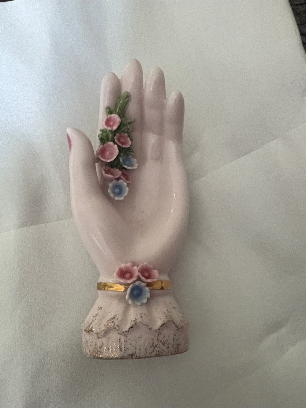 Vintage Lefton Pink Porcelain Hand Figurine w/ Flowers Ring Dish Hand Painted